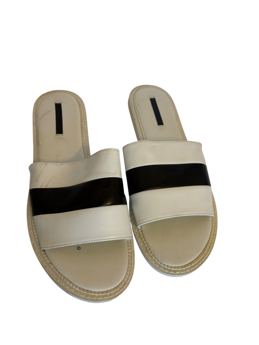 Zara White and Black Two-Stripe Slide Sandals - Women
